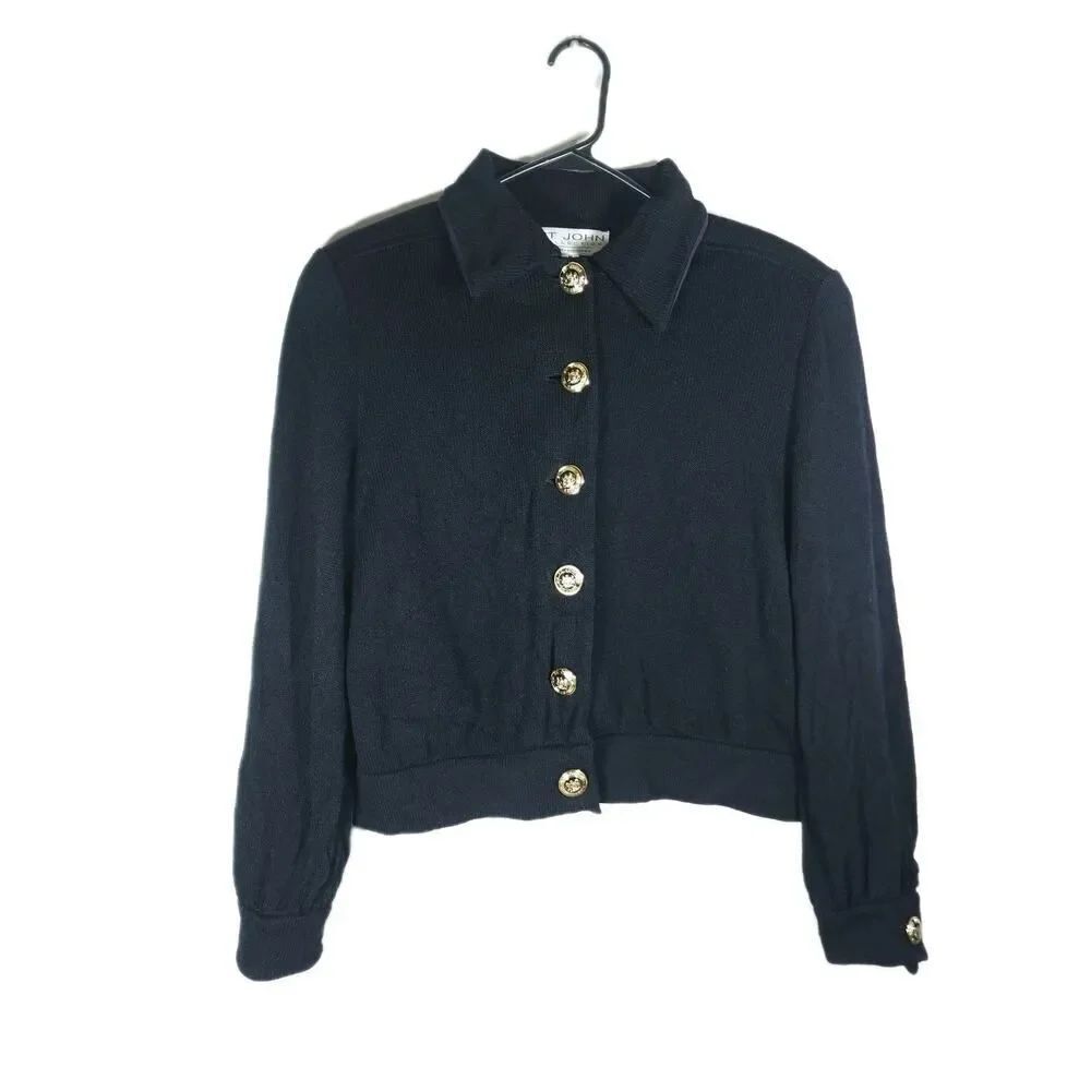 St John Collection By Marie Gray Sz M Black Santana Knit Buttons Cardigan Blazer